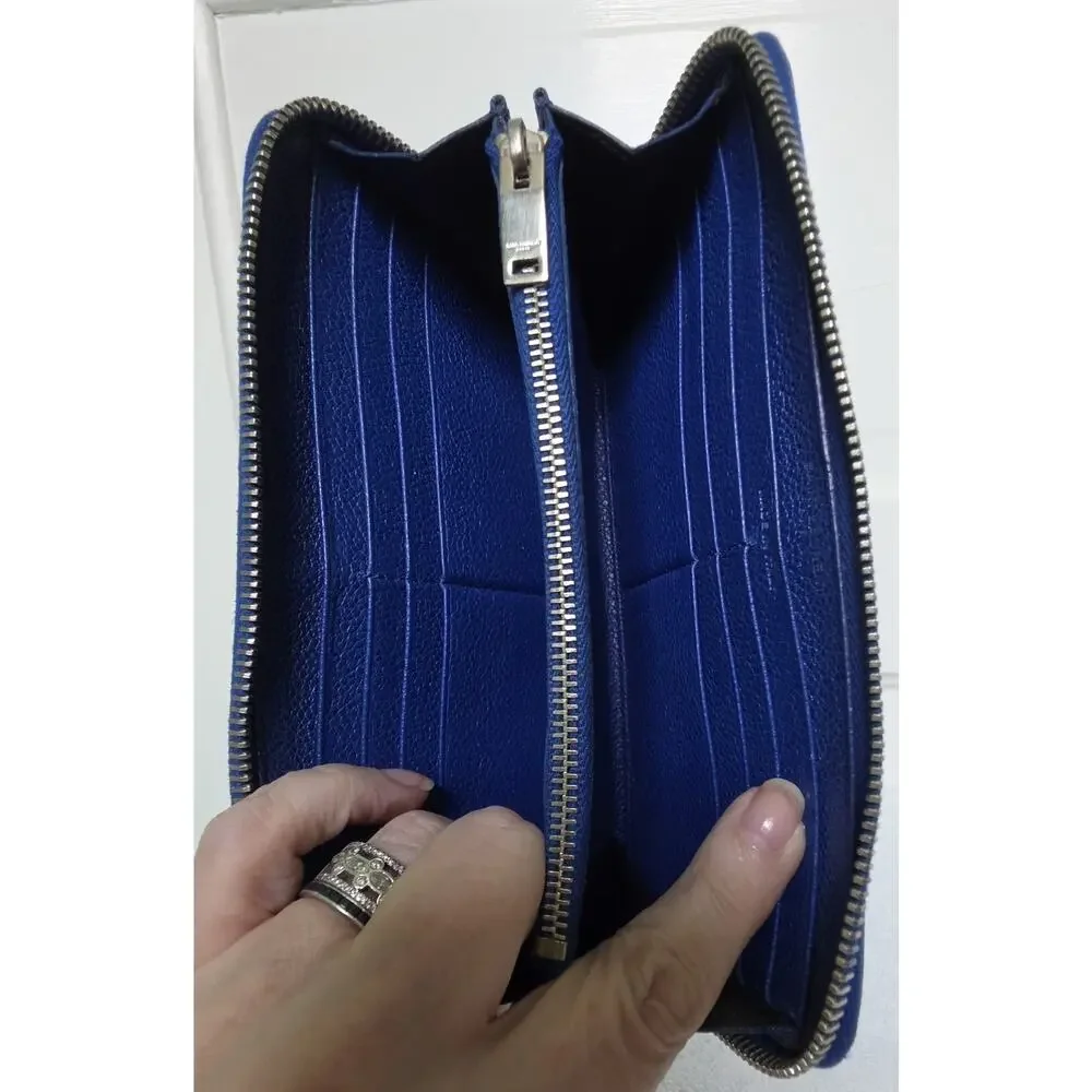 Saint Laurent YSL Women’s Blue Solid Leather Zip-Around Wallet w/ COA